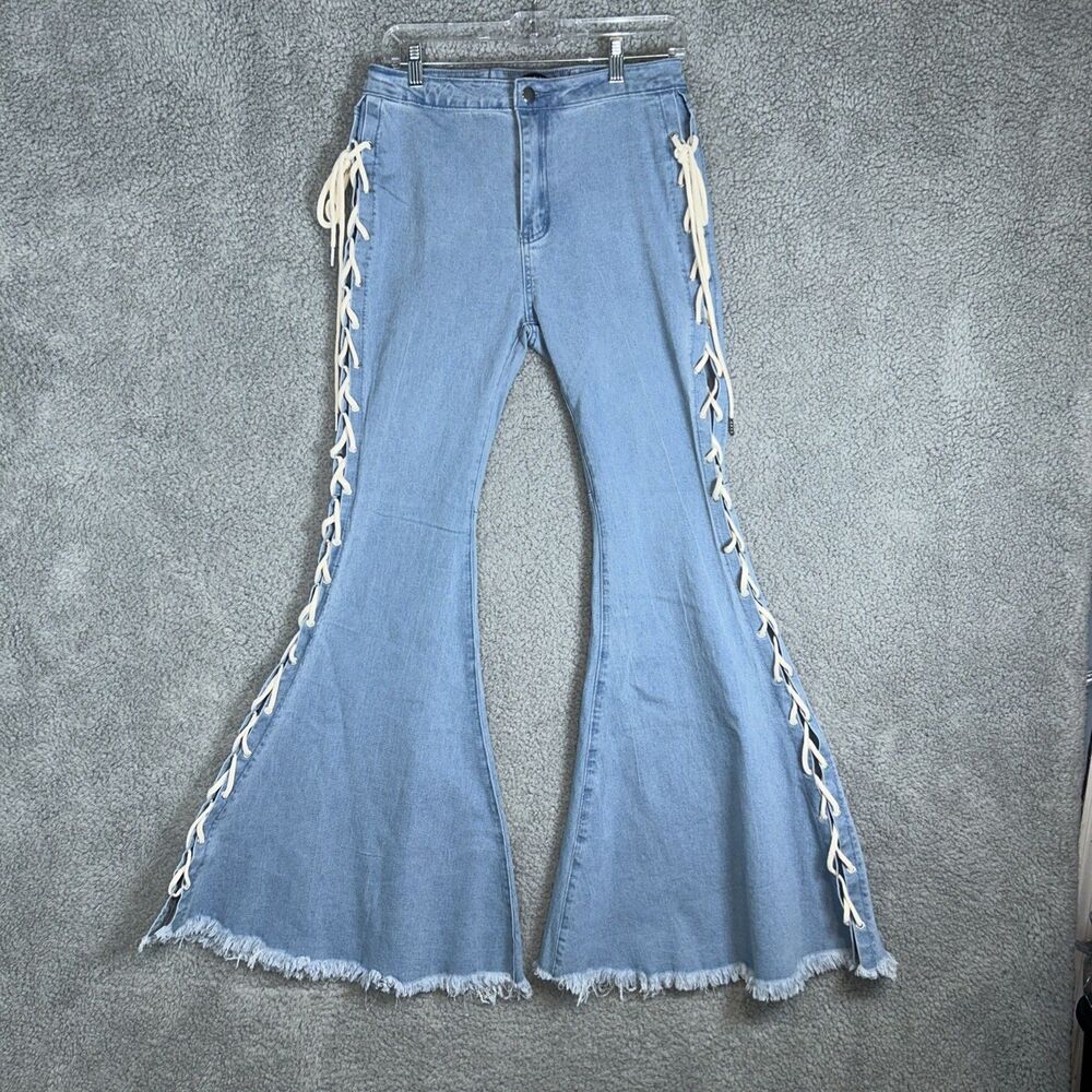 Banjul Women's Size L Flare Lace Up Jeans Raw Hem Boho Festival